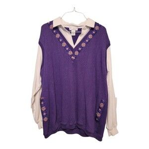 Blast Womens Vintage Sweater Floral Pullover Long Sleeve Pockets Purple Large
